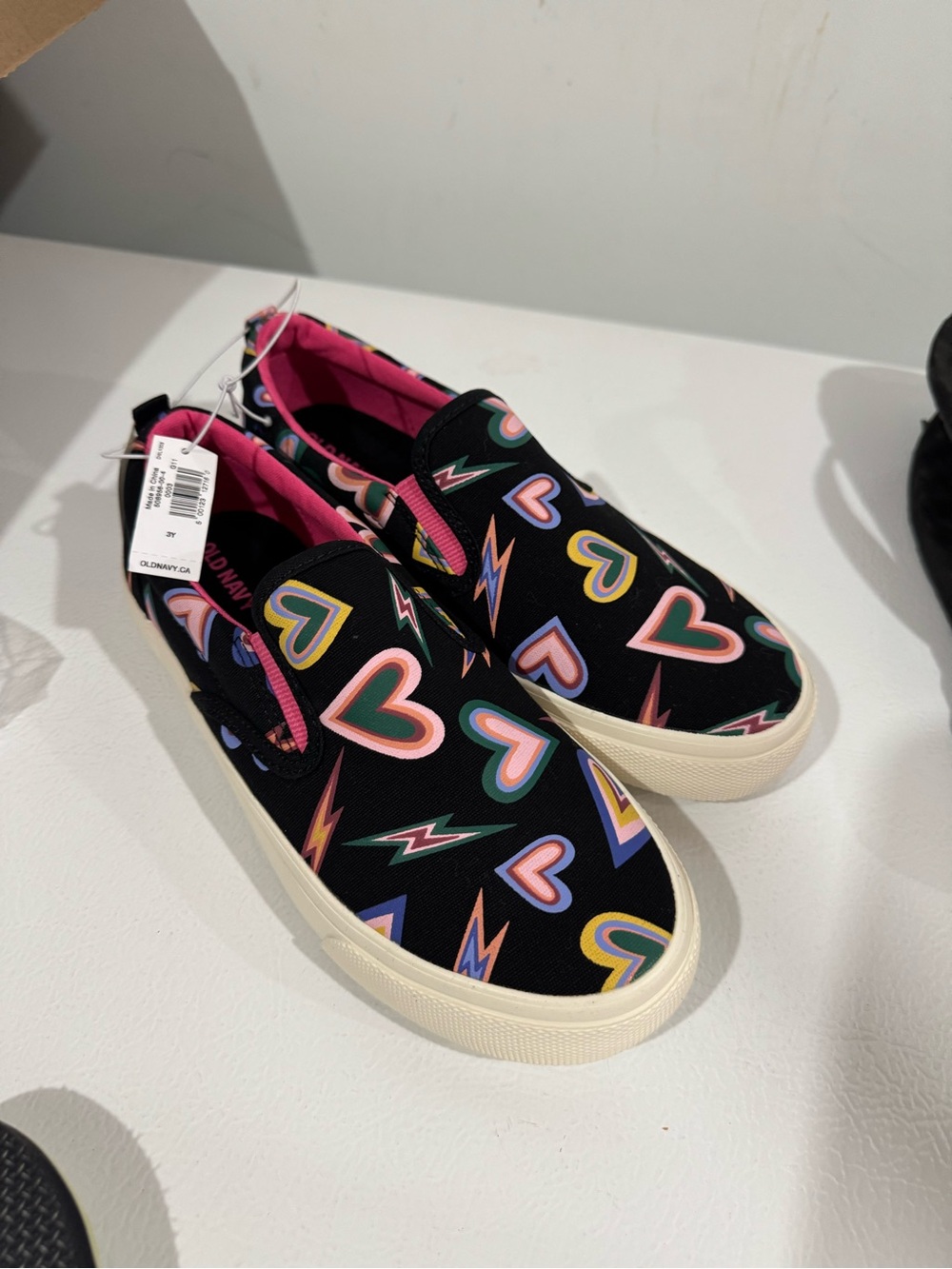 Kids Slip-On Sneakers with Colorful Hearts and Lightning - Black